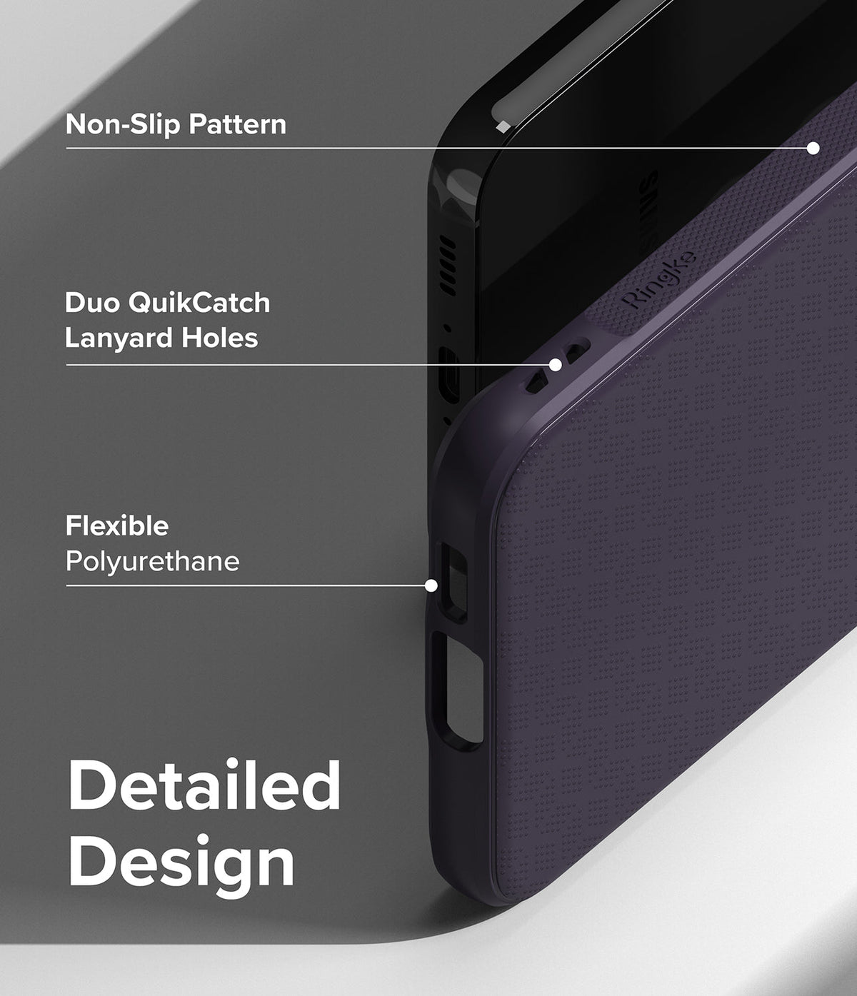 Galaxy S23 Plus Case | Onyx - Close-up of phone case features: non-slip texture, lanyard holes, and flexible material.