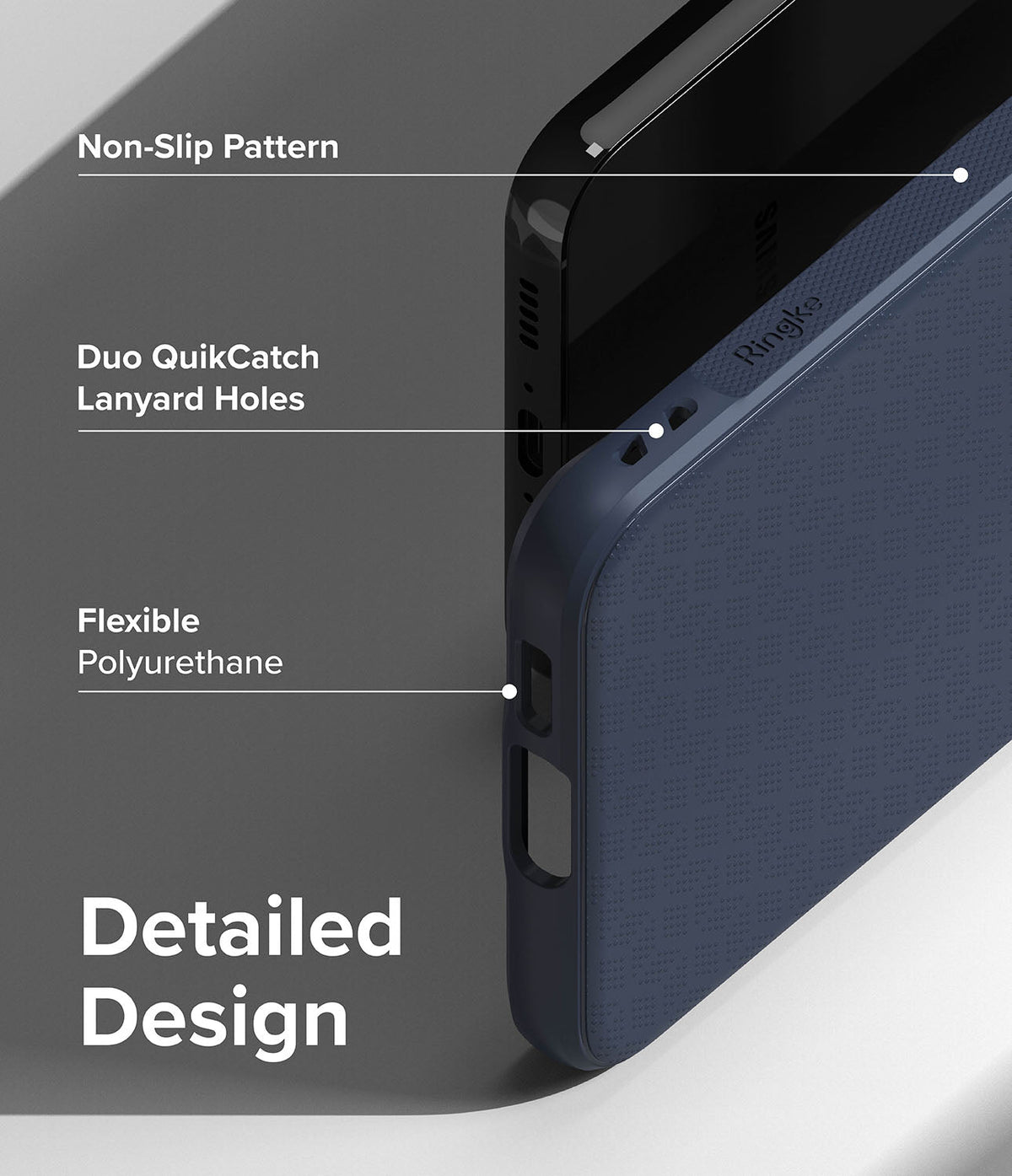 Galaxy S23 Plus Case | Onyx - Close-up of a navy phone case highlighting non-slip texture, lanyard holes, and flexible material.