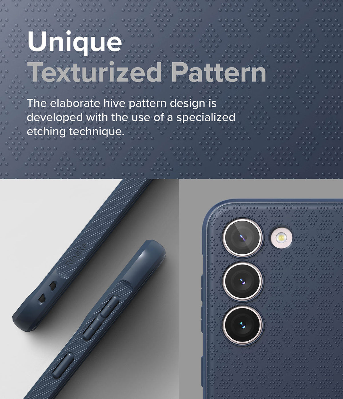 Galaxy S23 Plus Case | Onyx - Navy blue phone case with a textured hive pattern, showing side buttons and camera cutouts.