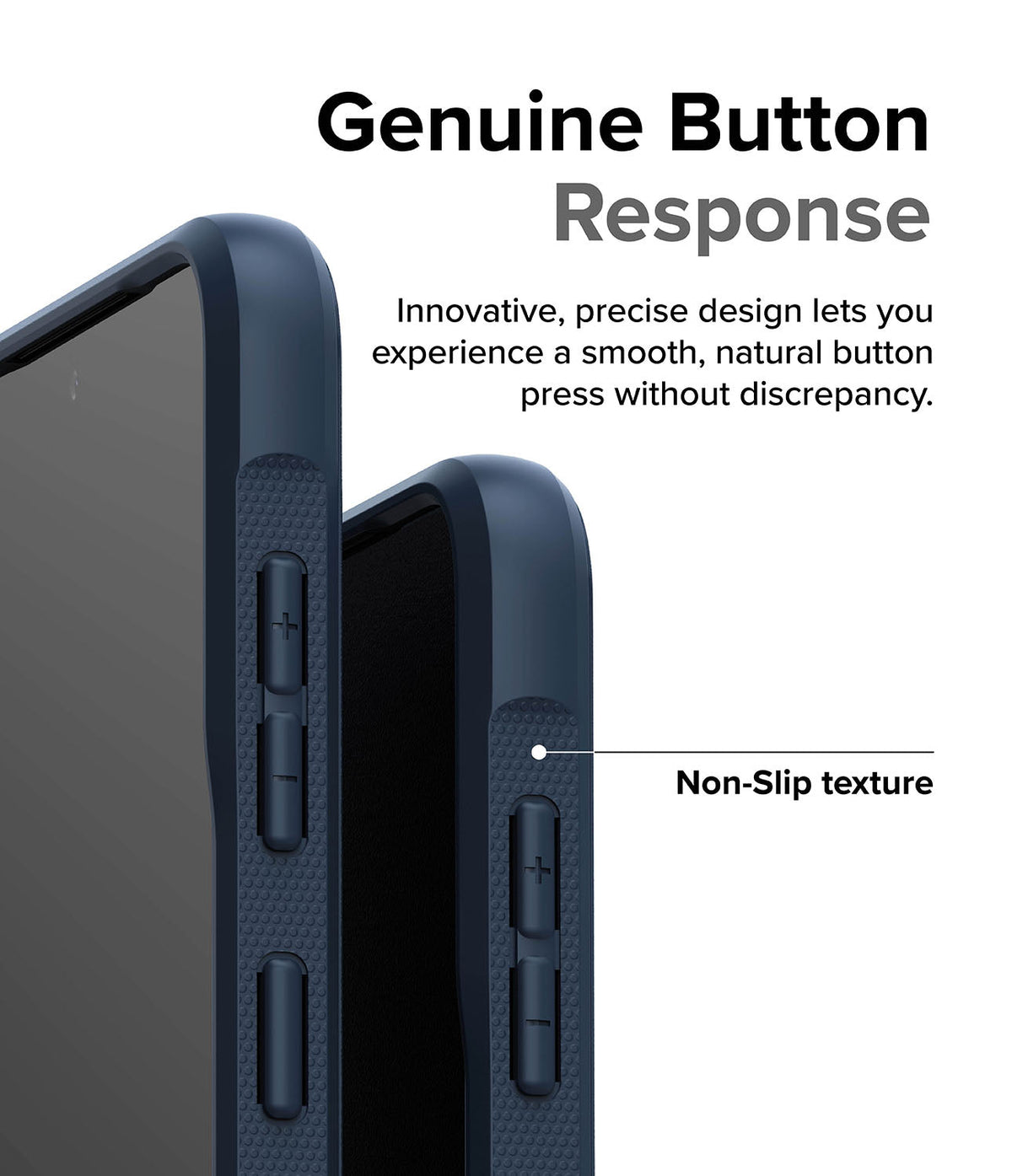 Galaxy S23 Plus Case | Onyx - Close-up of dark blue phone case buttons and textured non-slip side grip.