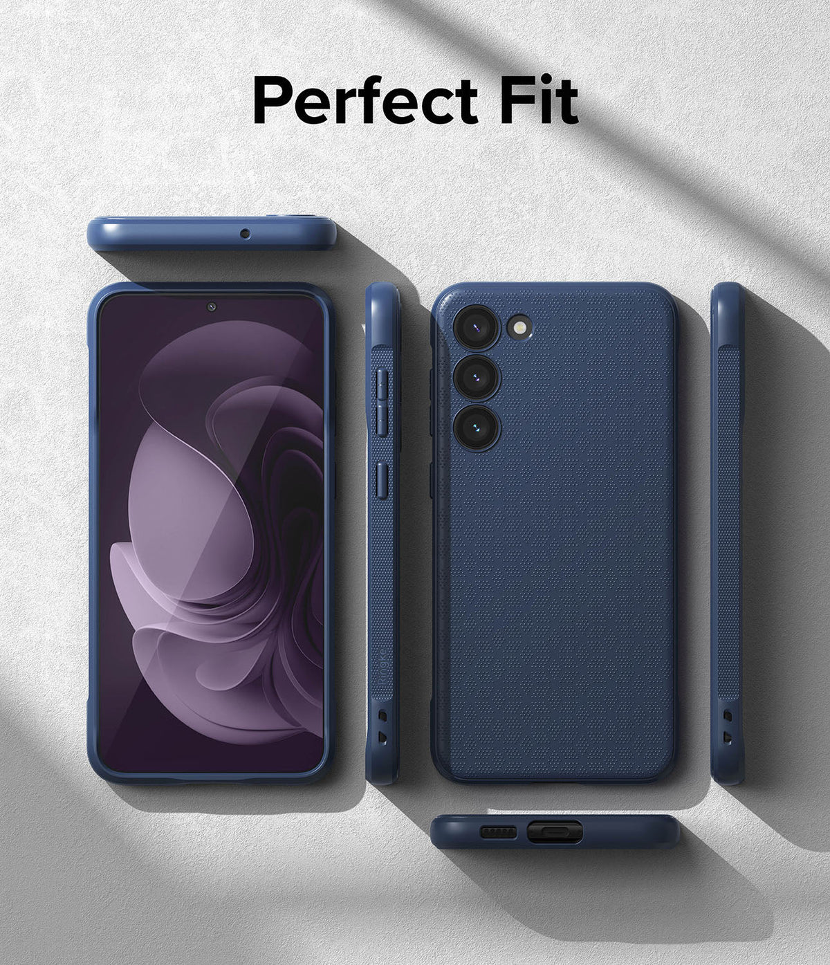 Galaxy S23 Plus Case | Onyx - Navy blue phone case shown from multiple angles with a textured back and precise cutouts.