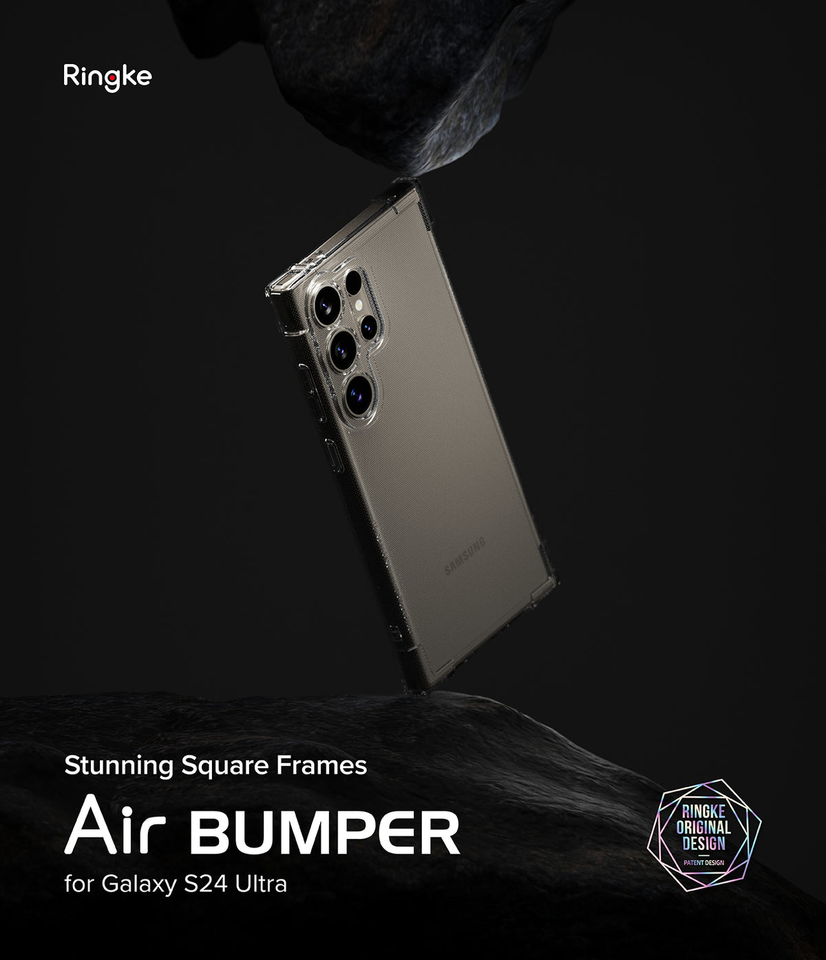 Galaxy S24 Ultra Case | Air Bumper - A transparent Galaxy S24 Ultra case suspended between dark rocks against a black background.