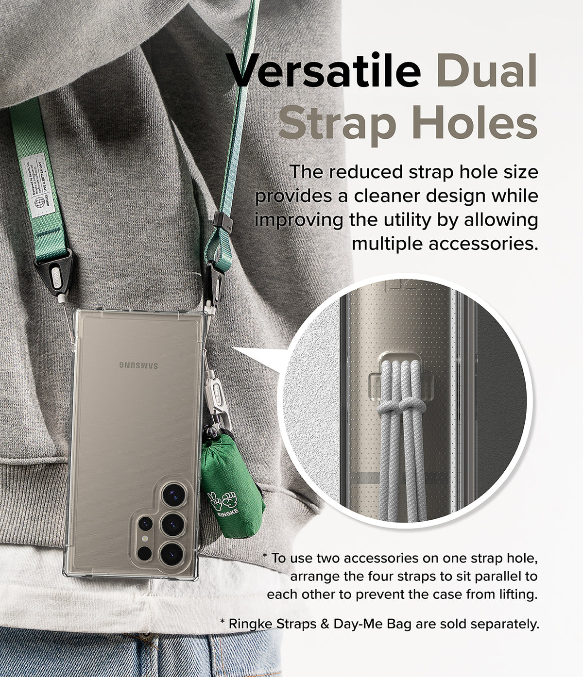Galaxy S24 Ultra Case | Air Bumper - Phone case with dual strap holes holding a green neck strap and a small accessory bag.