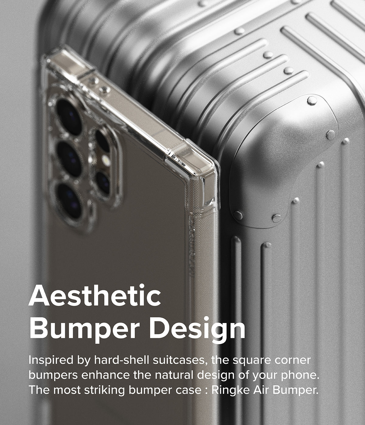 Galaxy S24 Ultra Case | Air Bumper - Clear phone case with reinforced square corners resting against a silver suitcase.