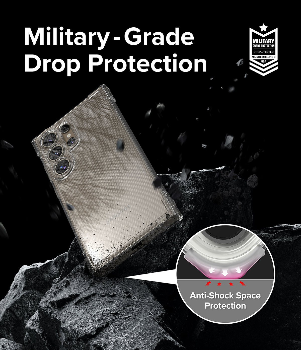 Galaxy S24 Ultra Case | Air Bumper - Clear phone case on rock with military-grade protection and anti-shock corner detail.