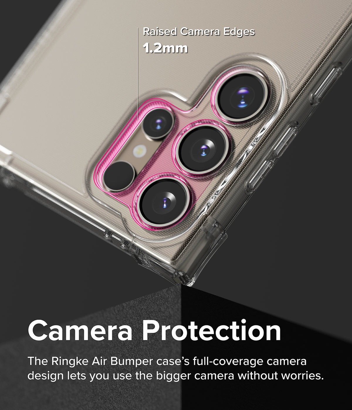 Galaxy S24 Ultra Case | Air Bumper - Clear phone case highlighting 1.2mm raised edges around the camera lenses.