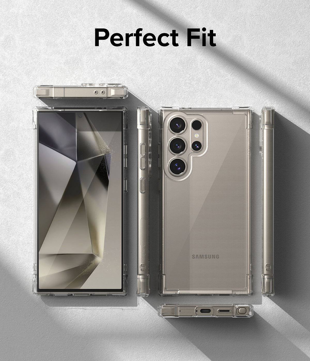 Galaxy S24 Ultra Case | Air Bumper - Clear phone case shown from front, back, and sides against a textured gray background.