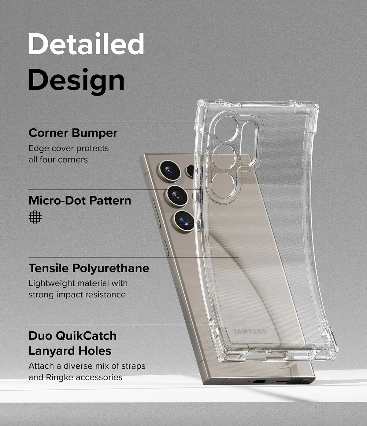 Galaxy S24 Ultra Case | Air Bumper - Clear phone case features highlighting corner bumpers, micro-dots, and lanyard holes.
