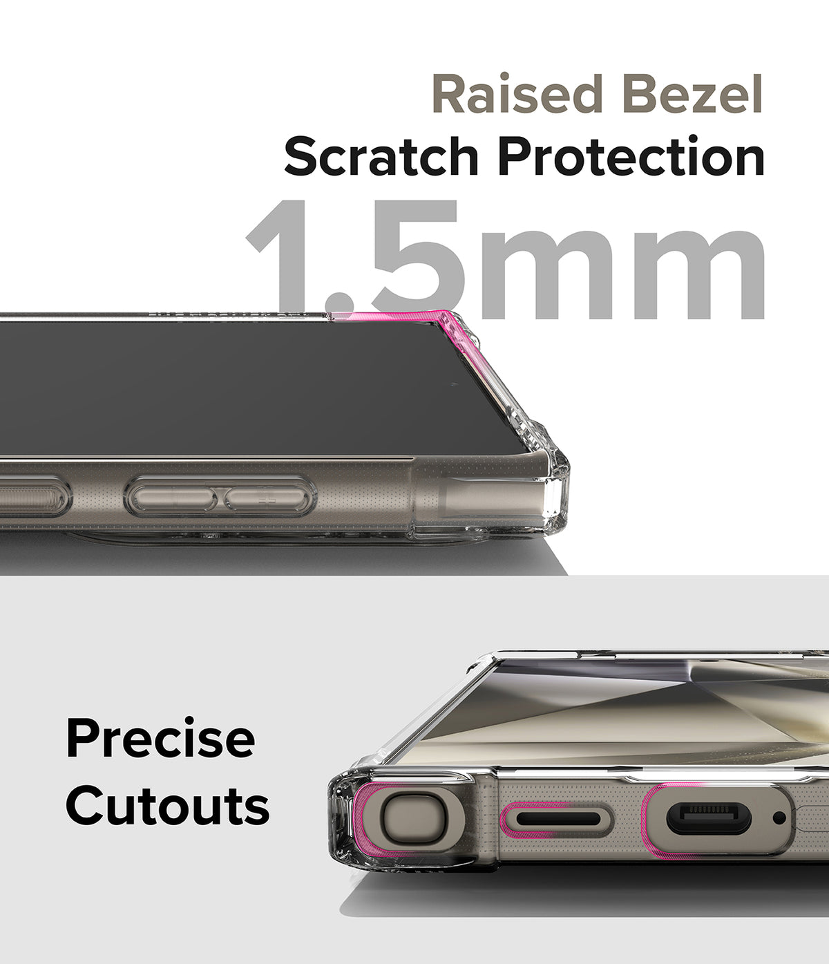 Galaxy S24 Ultra Case | Air Bumper - Close-up of phone case showing 1.5mm raised bezel and precise port cutouts.