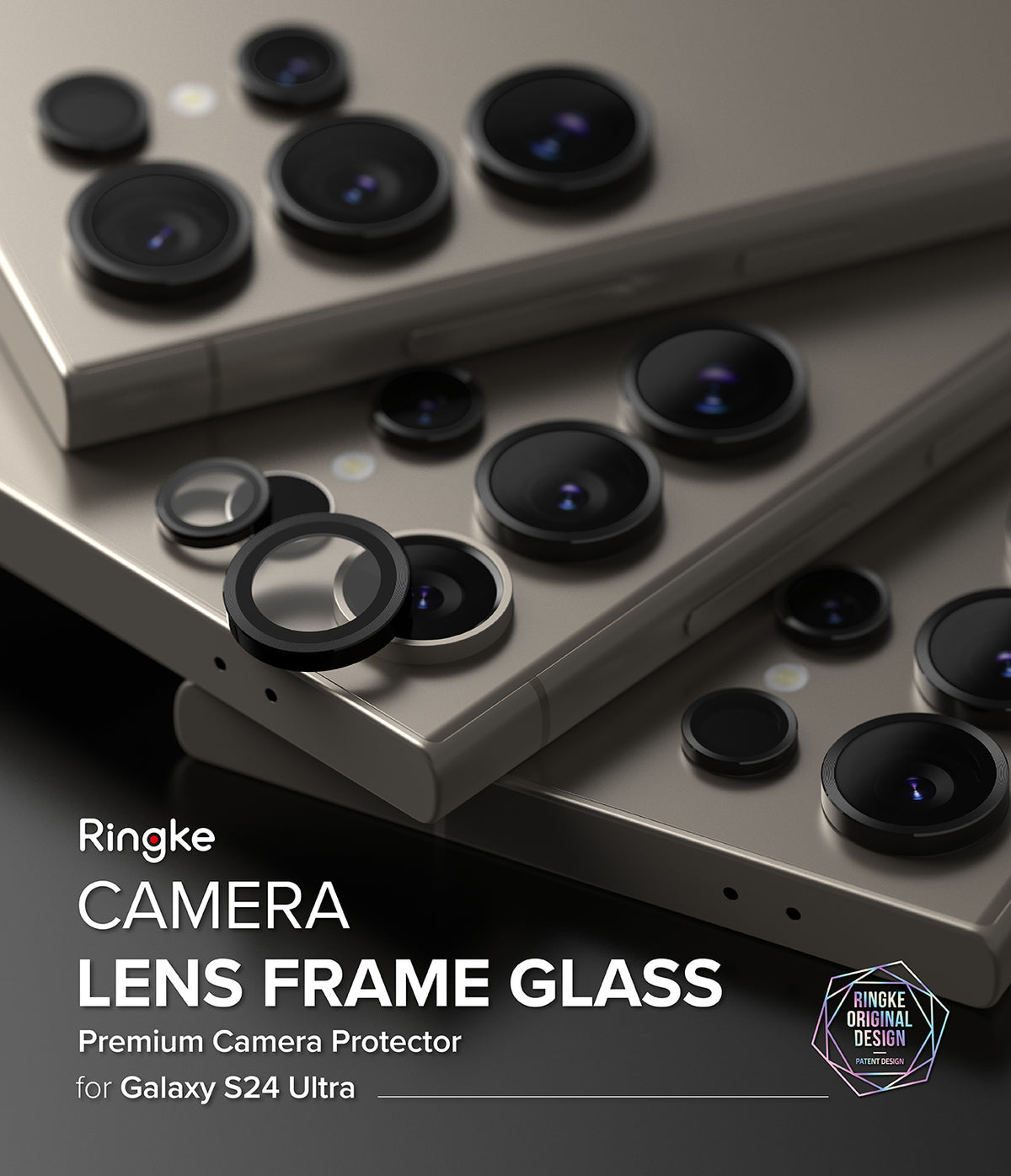 Galaxy S24 Ultra Lens Protector | Camera Lens Frame Glass - Galaxy S24 Ultra Lens Protector - Black glass lens covers being applied to the camera array of a titanium smartphone.