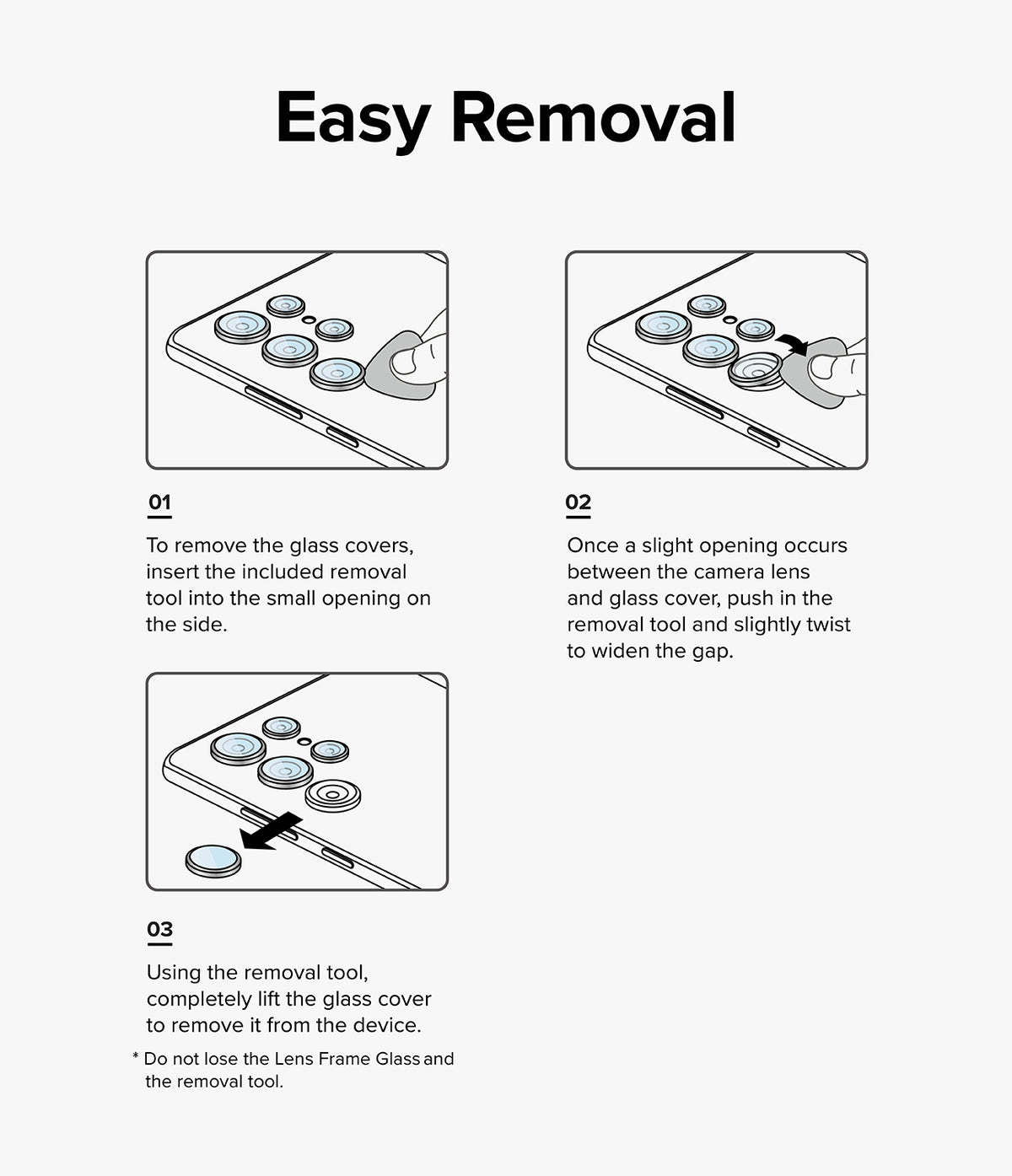 Galaxy S24 Ultra Lens Protector | Camera Lens Frame Glass - Galaxy S24 Ultra Lens Protector - Three-step diagram showing how to use a removal tool to lift camera lens covers.