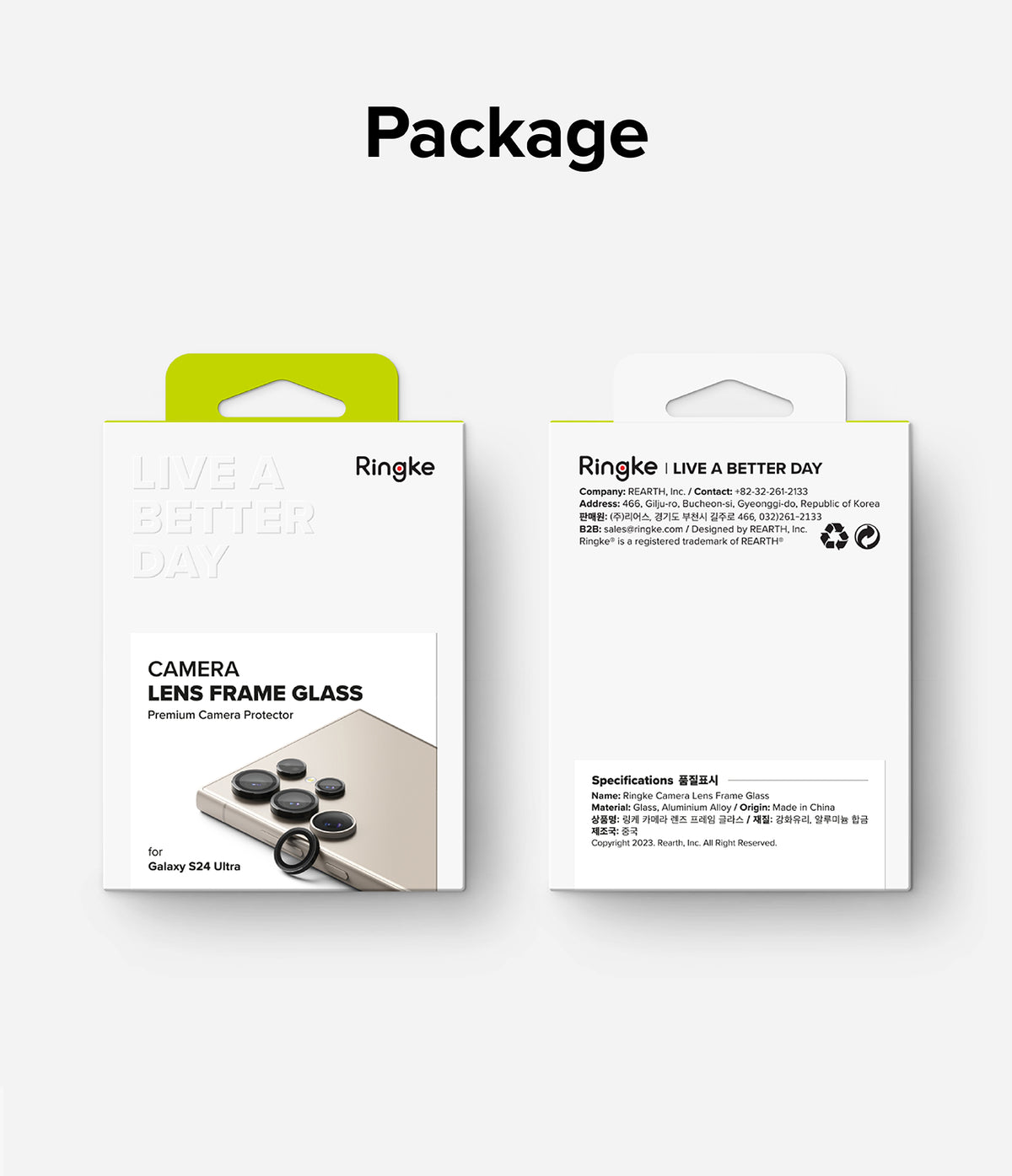 Galaxy S24 Ultra Lens Protector | Camera Lens Frame Glass - Galaxy S24 Ultra Lens Protector - Front and back view of Ringke camera lens protector packaging for Galaxy S24 Ultra.