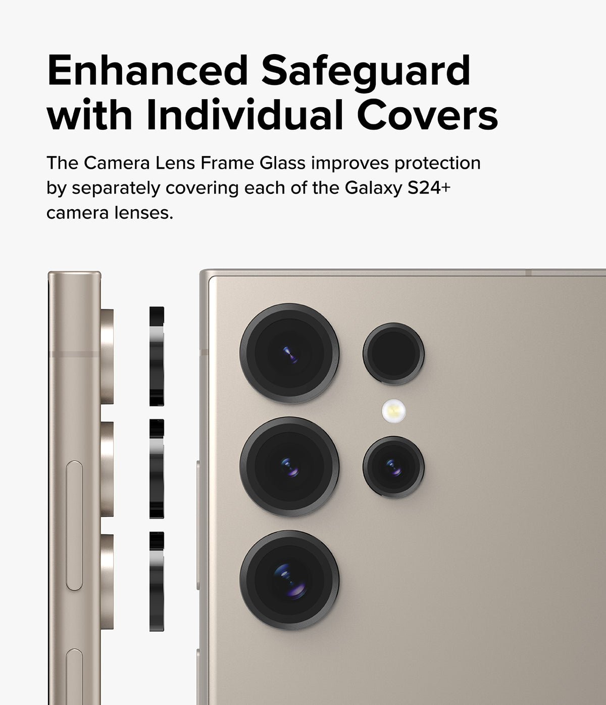 Galaxy S24 Ultra Lens Protector | Camera Lens Frame Glass - Galaxy S24 Ultra Lens Protector - Individual black glass covers aligning with the camera lenses on a gold smartphone.