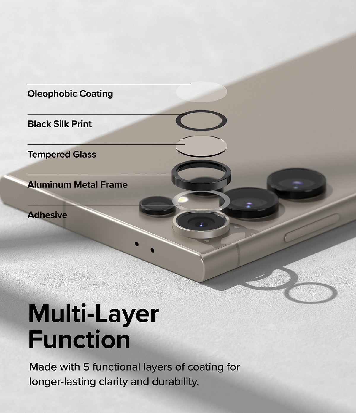 Galaxy S24 Ultra Lens Protector | Camera Lens Frame Glass - Galaxy S24 Ultra Lens Protector - Exploded view of five-layer camera lens protector on a smartphone.