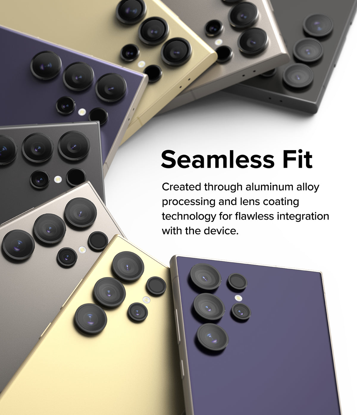 Galaxy S24 Ultra Lens Protector | Camera Lens Frame Glass - Galaxy S24 Ultra Lens Protector - Multiple Galaxy S24 Ultra phones in various colors featuring black camera lens protectors.