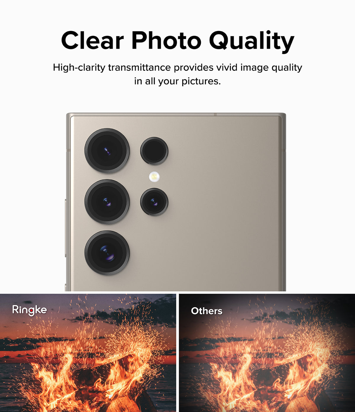 Galaxy S24 Ultra Lens Protector | Camera Lens Frame Glass - Galaxy S24 Ultra Lens Protector - Comparison showing clear photo quality with Ringke lens protector versus a dim image.