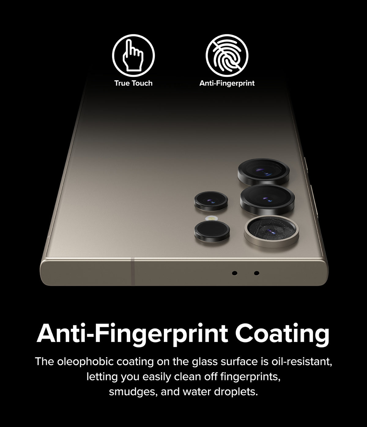 Galaxy S24 Ultra Lens Protector | Camera Lens Frame Glass - Galaxy S24 Ultra Lens Protector - Smartphone with black circular camera lens protectors featuring anti-fingerprint coating.