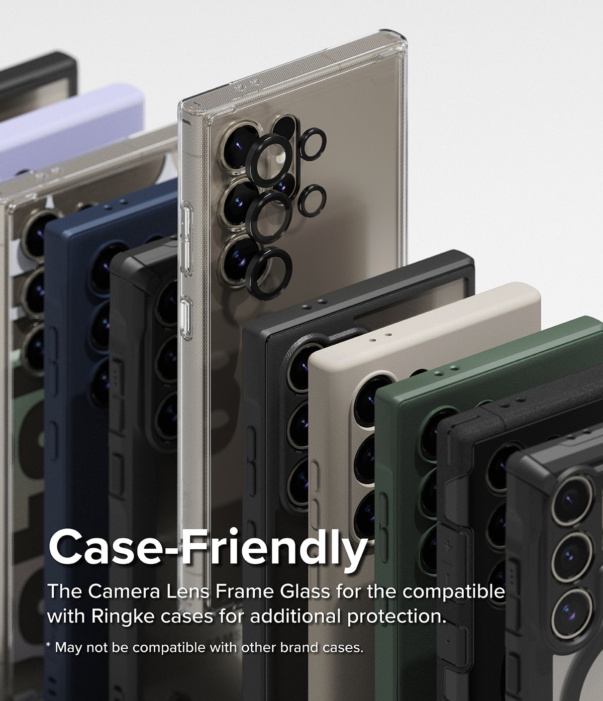 Galaxy S24 Ultra Lens Protector | Camera Lens Frame Glass - Galaxy S24 Ultra Lens Protector - Multiple smartphones in various colored cases featuring individual camera lens covers.
