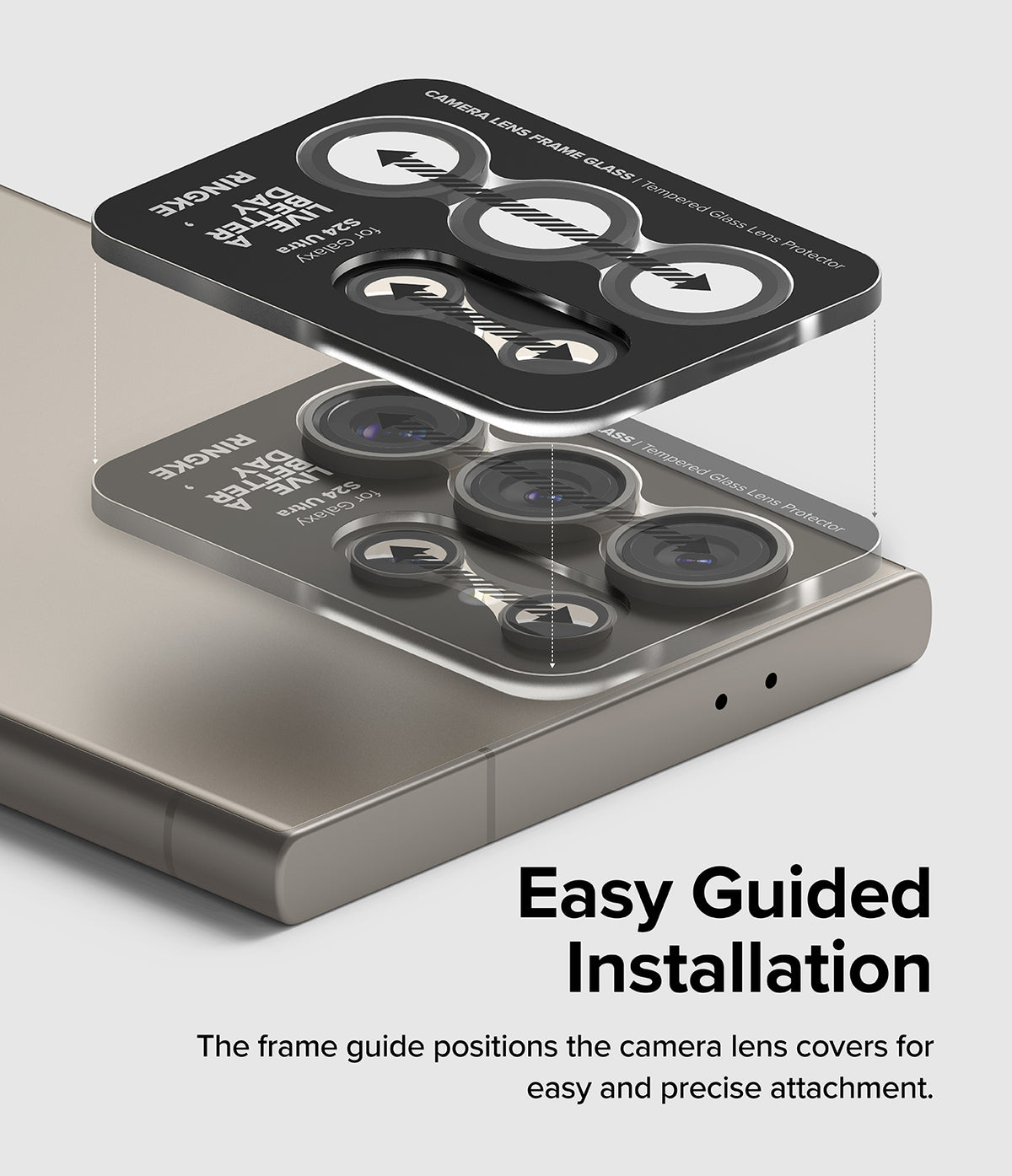Galaxy S24 Ultra Lens Protector | Camera Lens Frame Glass - Galaxy S24 Ultra Lens Protector - Installation guide aligning tempered glass covers onto smartphone camera lenses.