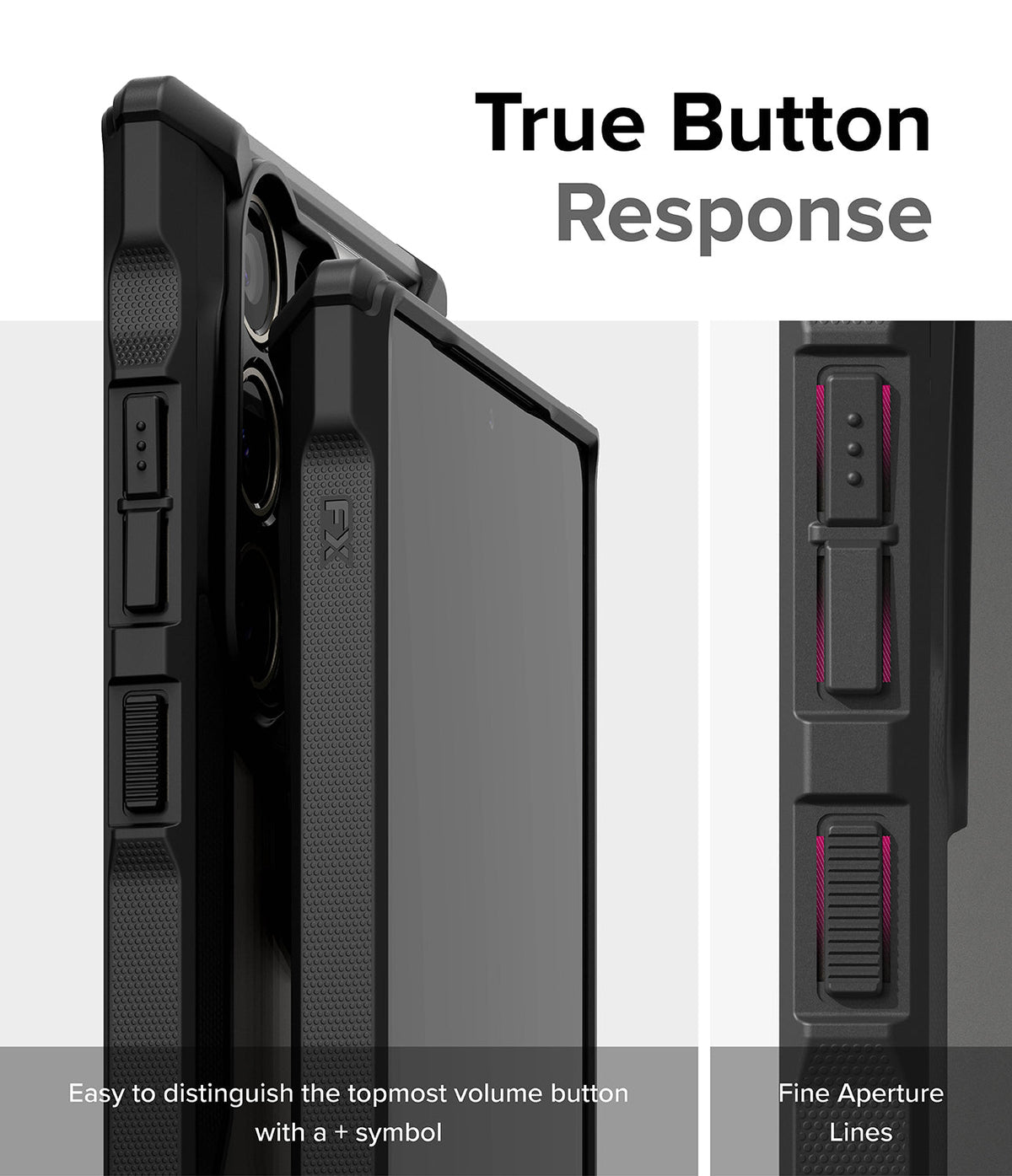 Galaxy S24 Ultra Case | Fusion-X - Close-up of phone case buttons highlighting tactile design and distinct volume controls.