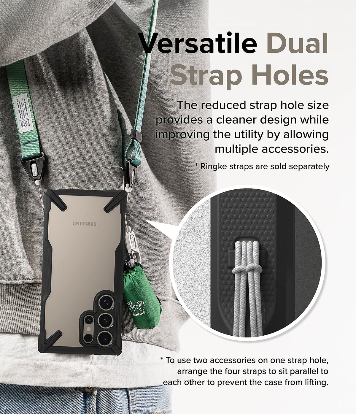 Galaxy S24 Ultra Case | Fusion-X - Phone case with dual strap holes holding a green lanyard and accessory, with a close-up.