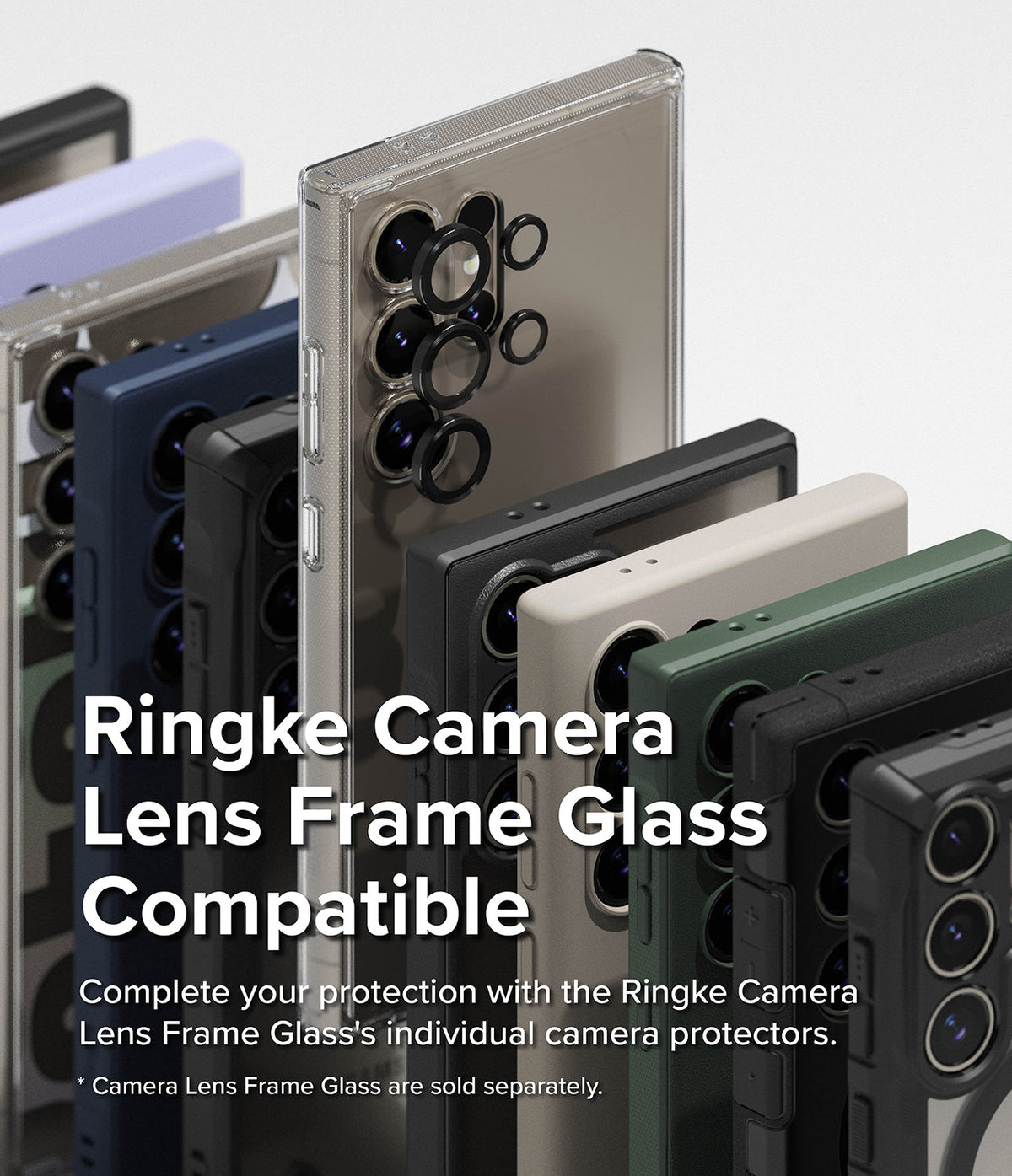 Galaxy S24 Ultra Case | Fusion-X - Multiple Galaxy S24 Ultra phones in various colored cases with individual camera lens protectors.