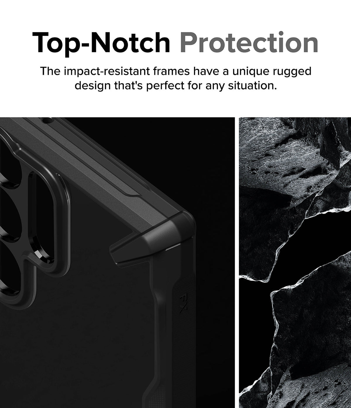 Galaxy S24 Ultra Case | Fusion-X - Close-up of a rugged black phone case corner next to a textured rock surface.