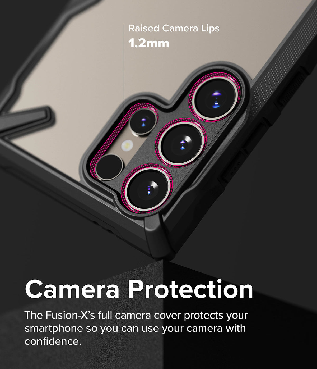 Galaxy S24 Ultra Case | Fusion-X - Close-up of phone case showing 1.2mm raised camera lips for lens protection.