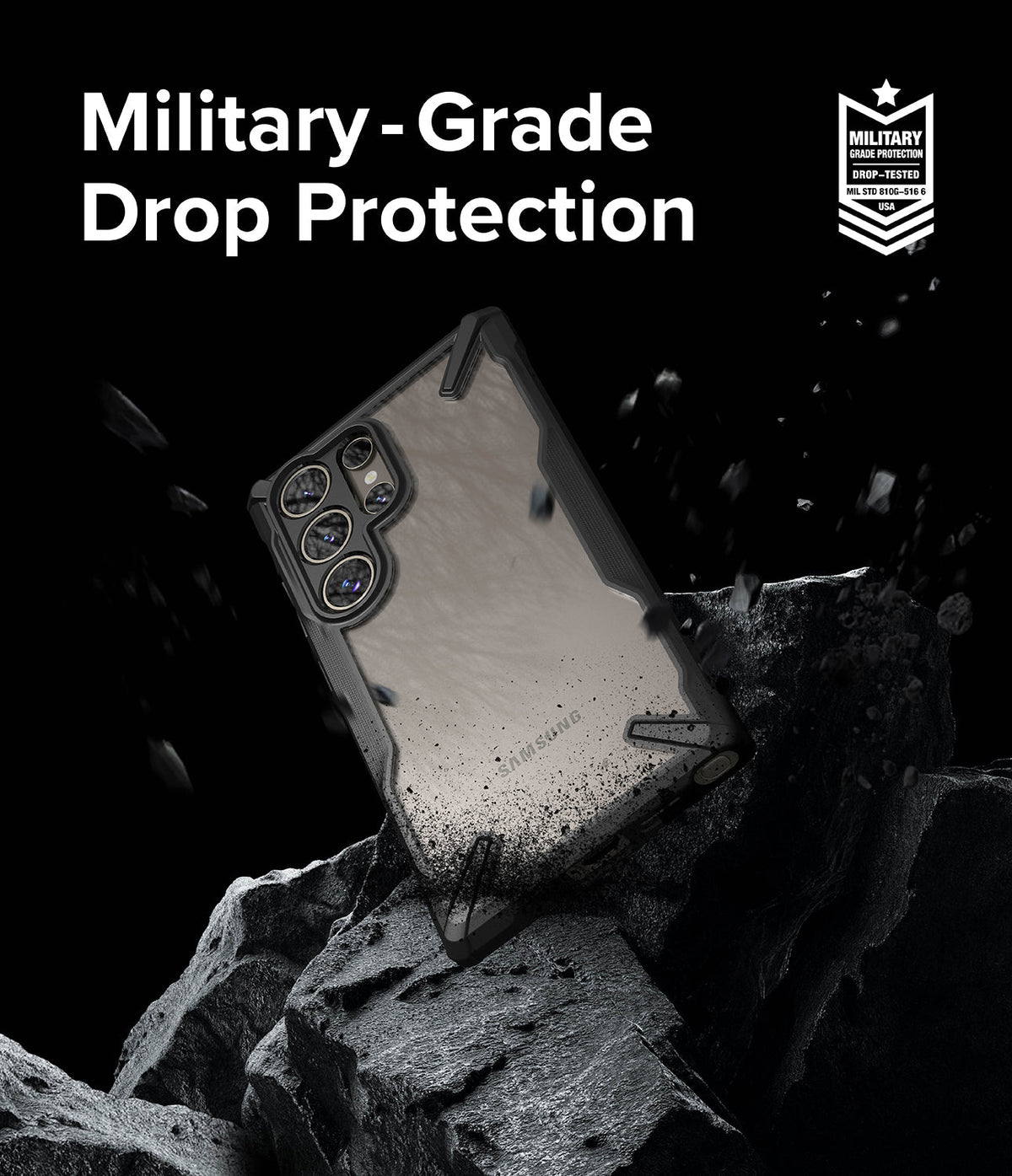 Galaxy S24 Ultra Case | Fusion-X - Phone case on a rock with debris, text stating military-grade drop protection.