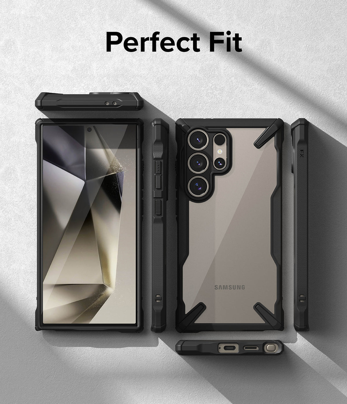 Galaxy S24 Ultra Case | Fusion-X - Multiple views of a black protective phone case showing front, back, and side profiles.