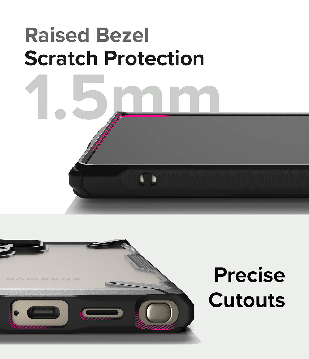 Galaxy S24 Ultra Case | Fusion-X - Close-up of 1.5mm raised screen bezel and precise port cutouts on a black phone case.