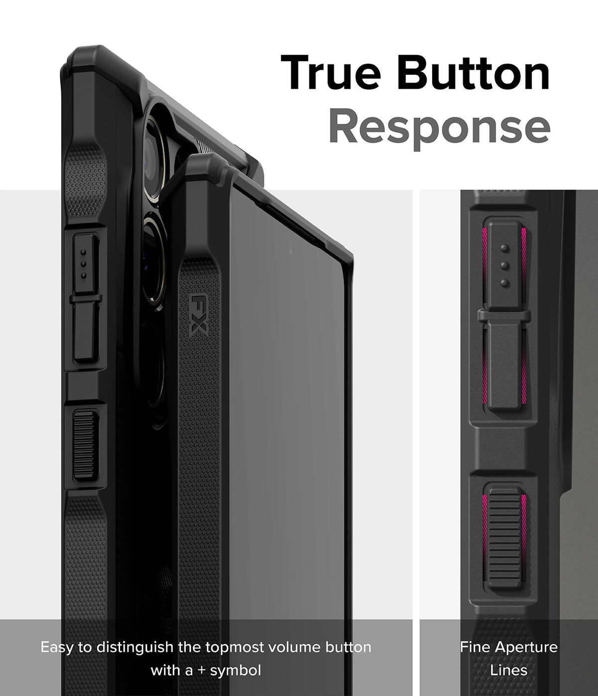 Galaxy S24 Ultra Case | Fusion-X - Close-up of phone case buttons with tactile symbols and fine aperture lines for responsive use.