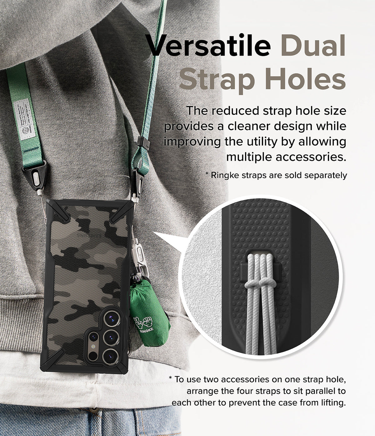 Galaxy S24 Ultra Case | Fusion-X - Camo phone case with dual strap holes, worn with green lanyards and a small accessory pouch.