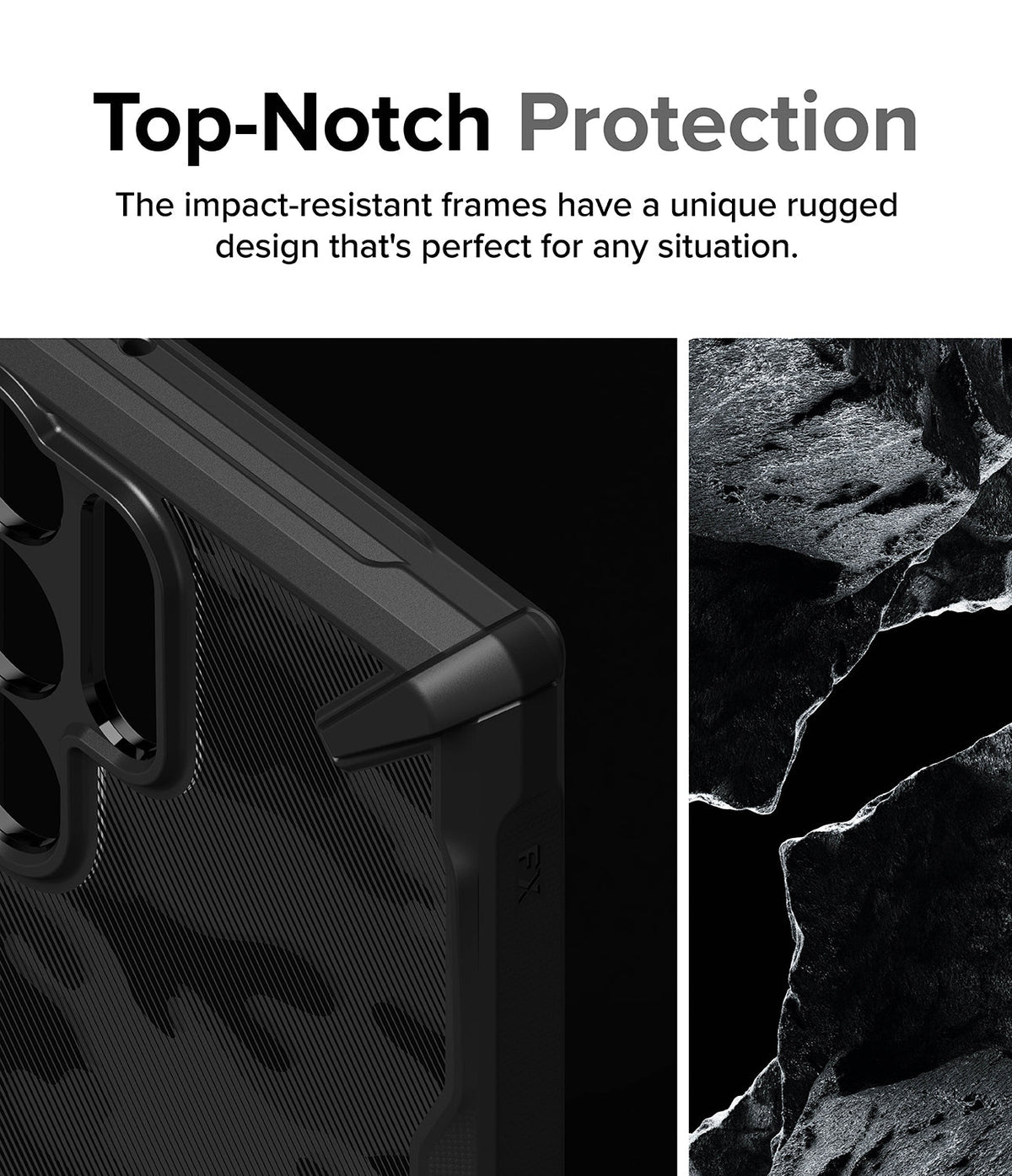Galaxy S24 Ultra Case | Fusion-X - Close-up of a rugged black phone case corner next to a textured rock background.