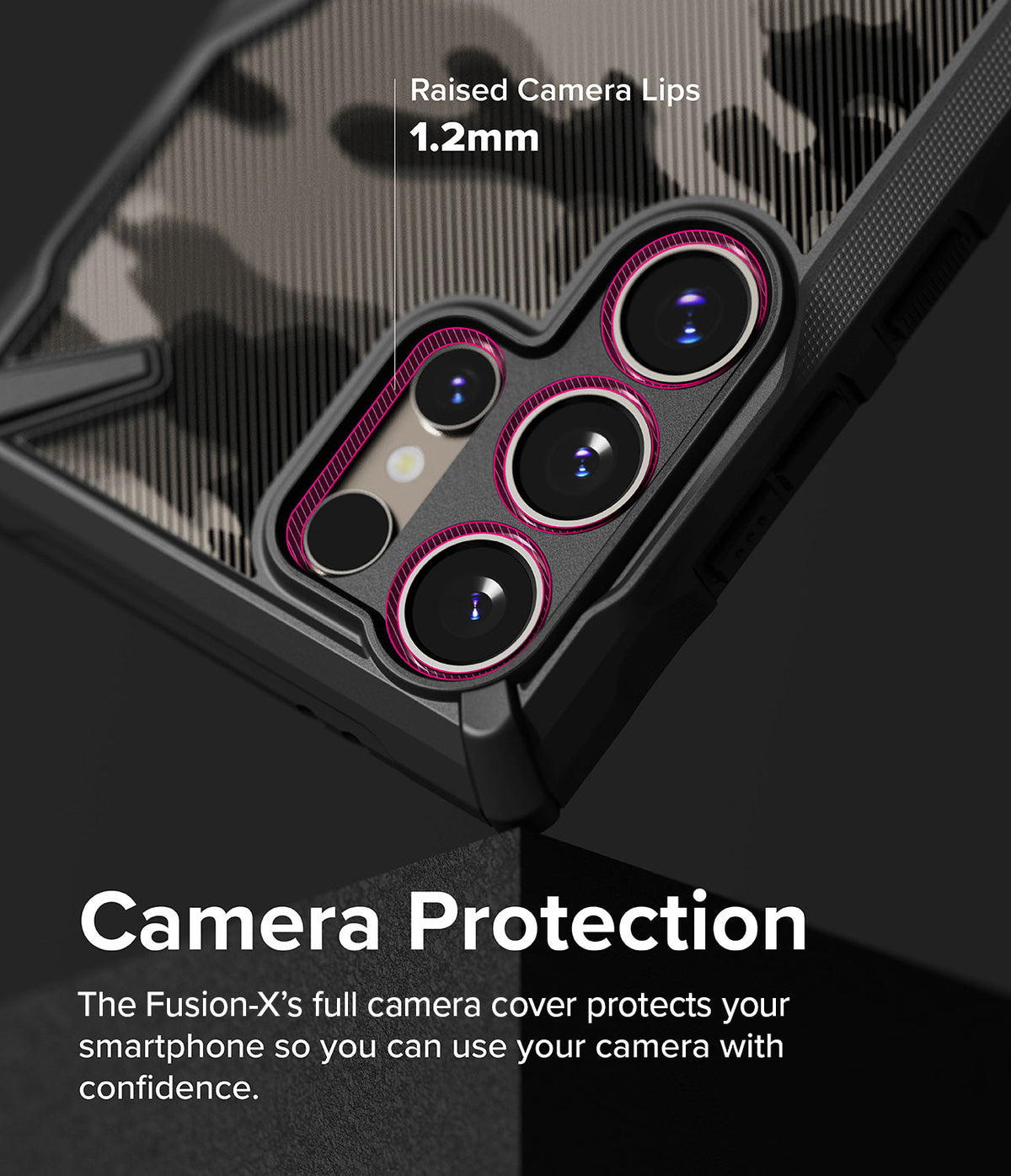 Galaxy S24 Ultra Case | Fusion-X - Close-up of phone case highlighting 1.2mm raised camera lips for lens protection.