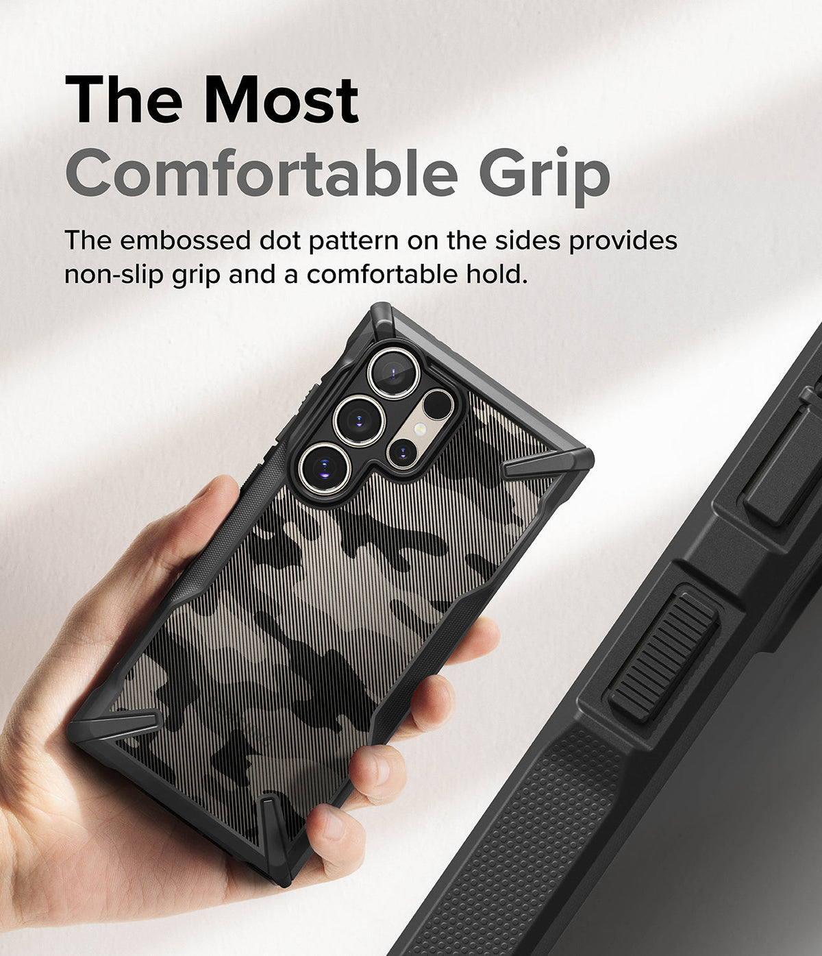 Galaxy S24 Ultra Case | Fusion-X - Hand holding a camo-patterned phone case with textured side grips and reinforced corners.