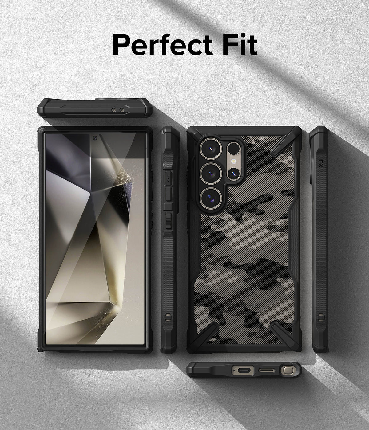 Galaxy S24 Ultra Case | Fusion-X - Front, back, and side views of a black camouflage phone case on a Galaxy S24 Ultra.