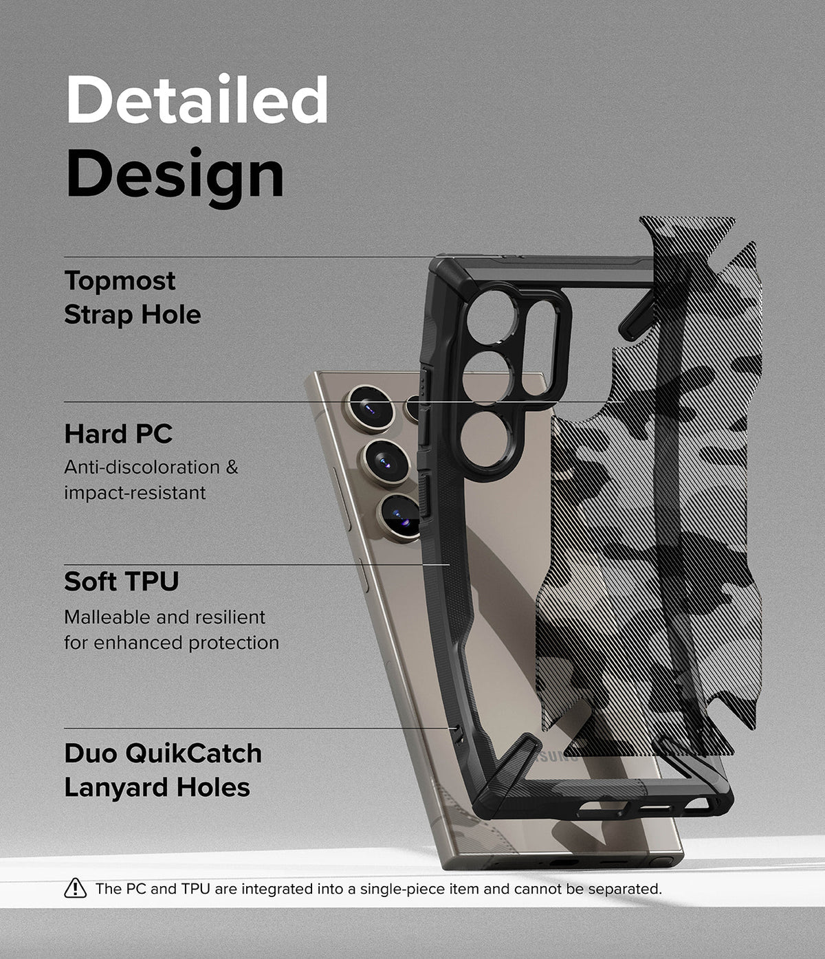 Galaxy S24 Ultra Case | Fusion-X - Exploded view of a phone case highlighting strap holes, hard PC, and soft TPU materials.