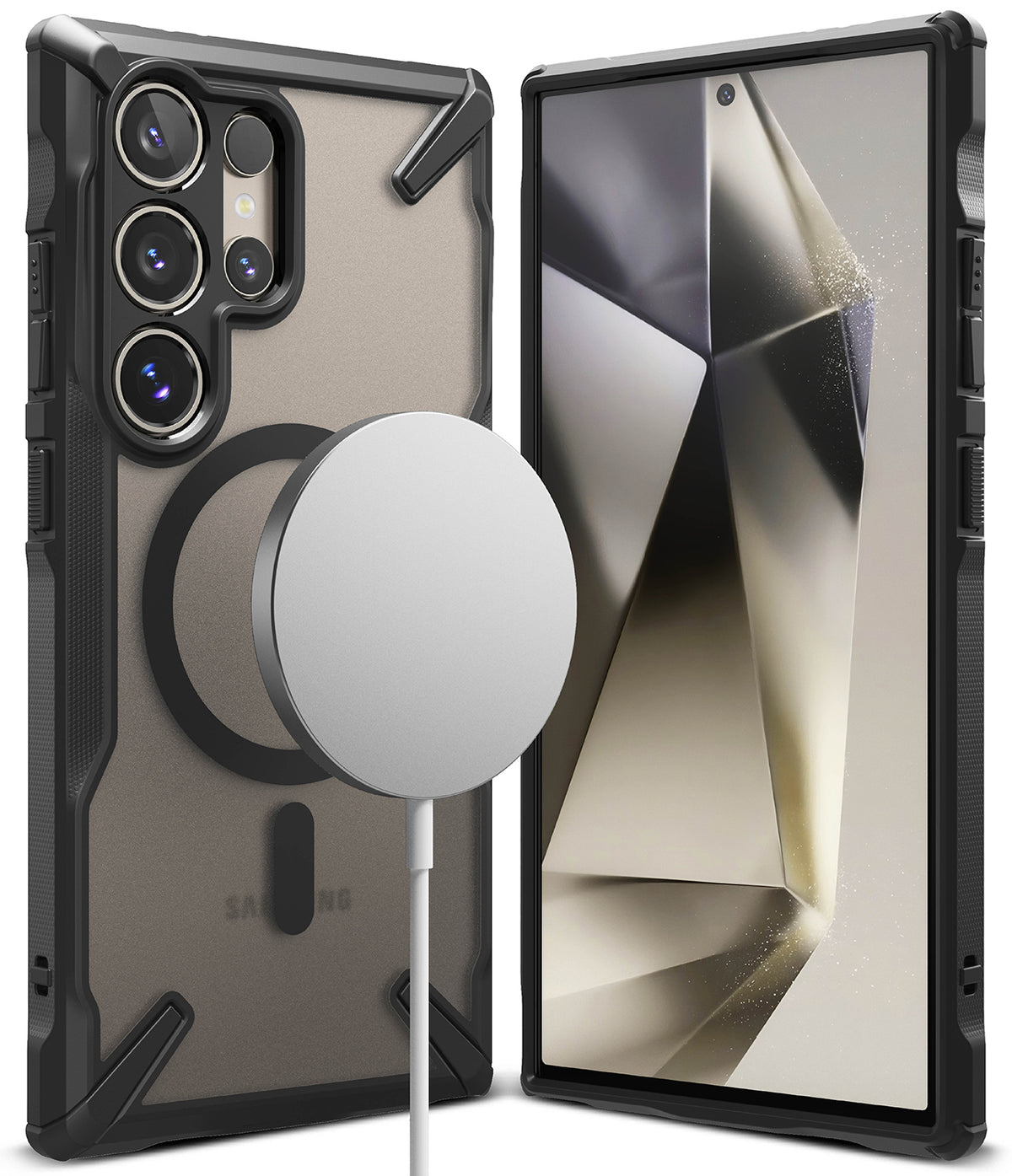 Galaxy S24 Ultra Case | Fusion-X Magnetic Matte - Matte black protective case with magnetic charger on back and phone front.