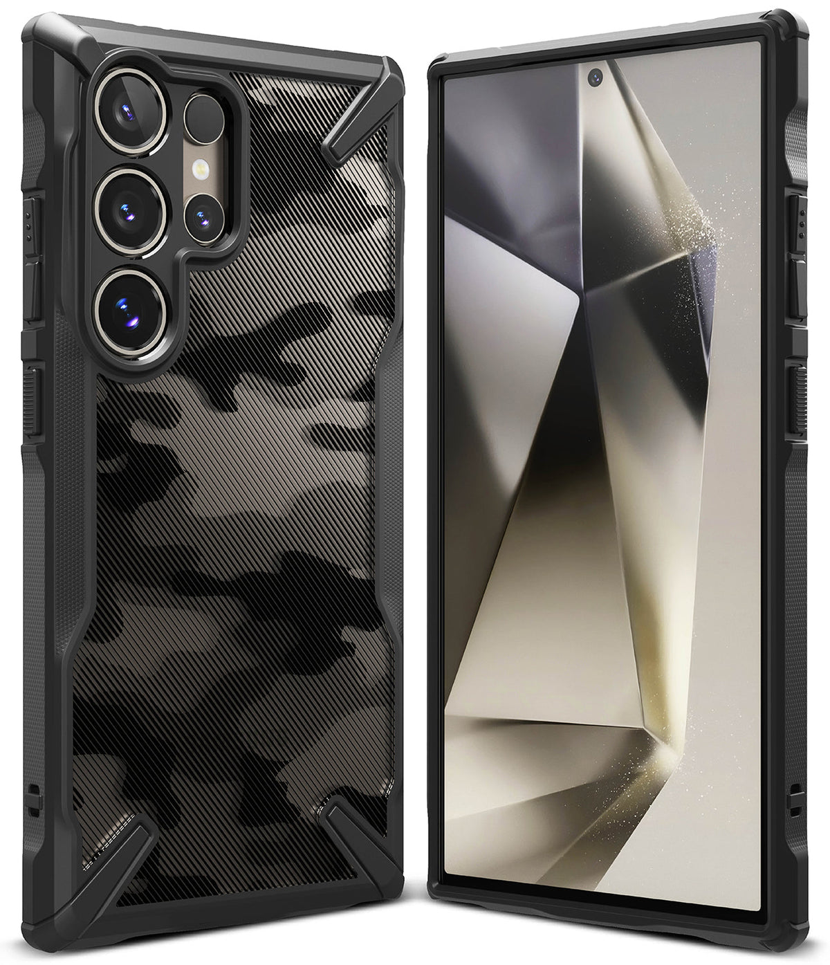 Galaxy S24 Ultra Case | Fusion-X - Black camouflage phone case shown from back and front views on a white background.