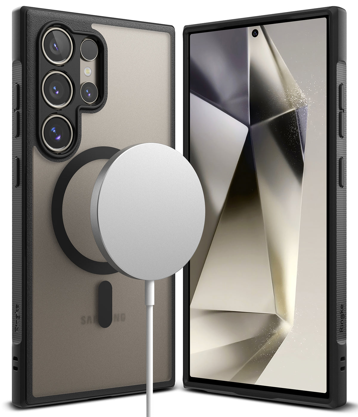 Galaxy S24 Ultra Case | Fusion Bold Magnetic Matte - Matte black case with magnetic charger on back and front view.