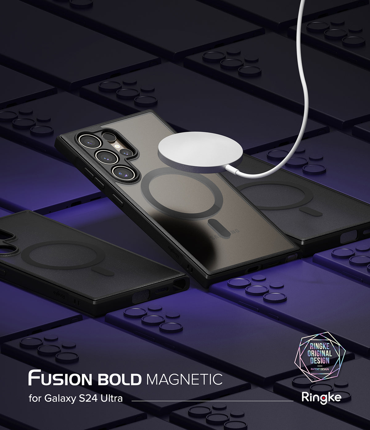 Galaxy S24 Ultra Case | Fusion Bold Magnetic Matte - Magnetic charger hovering over a matte black phone case.