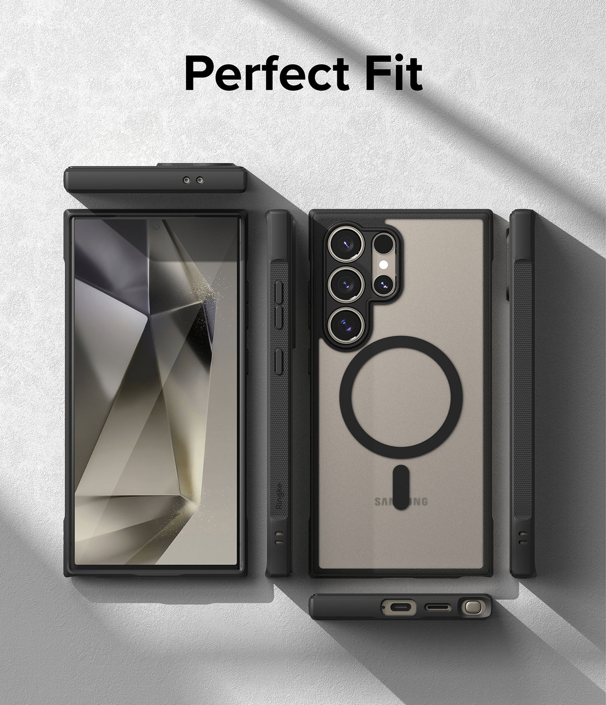 Galaxy S24 Ultra Case | Fusion Bold Magnetic Matte - Multiple views of a black phone case on a Galaxy S24 Ultra.