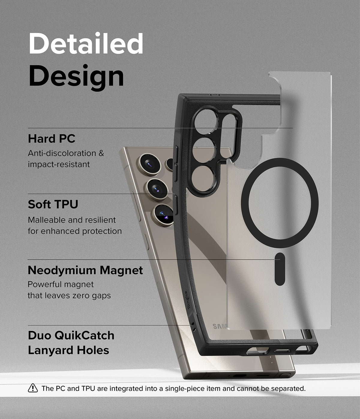 Galaxy S24 Ultra Case | Fusion Bold Magnetic Matte - Exploded view of phone case layers showing PC, TPU, and magnet.