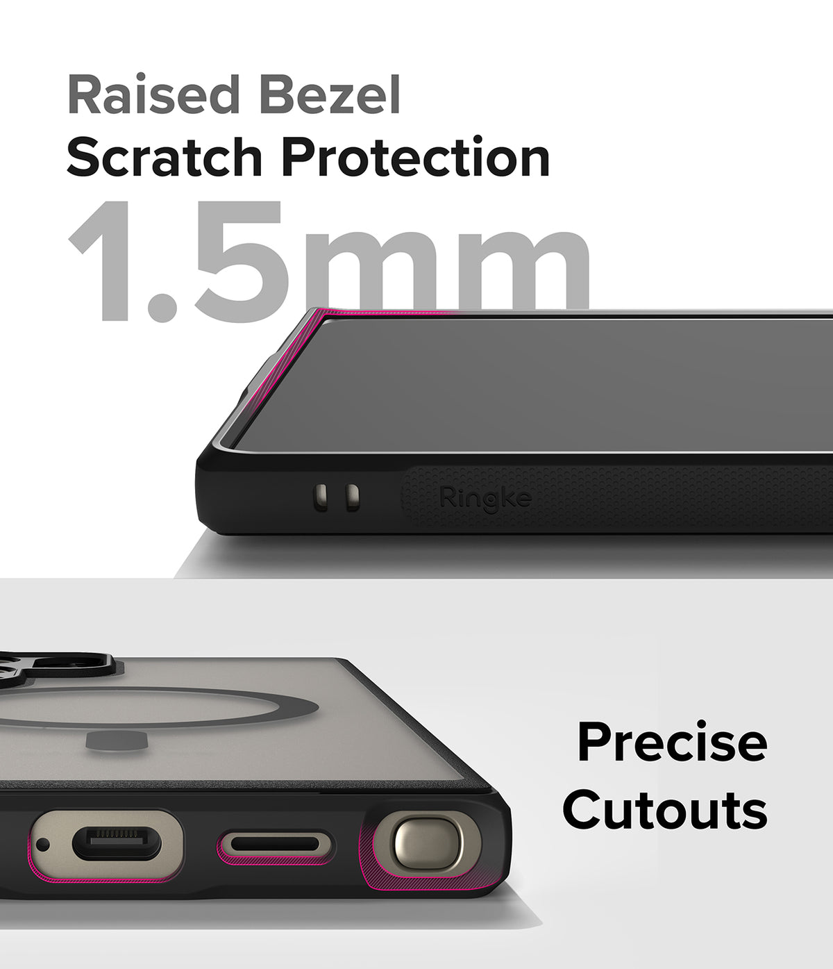 Galaxy S24 Ultra Case | Fusion Bold Magnetic Matte - Close-up of 1.5mm raised screen bezel and precise port cutouts.
