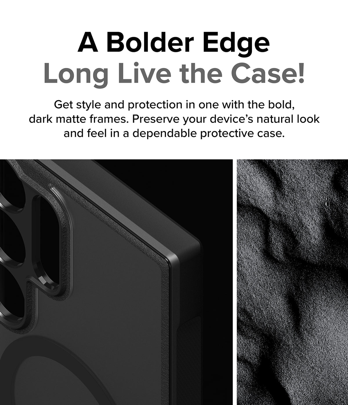 Galaxy S24 Ultra Case | Fusion Bold Magnetic Matte - Close-up of a black matte phone case edge next to sand texture.