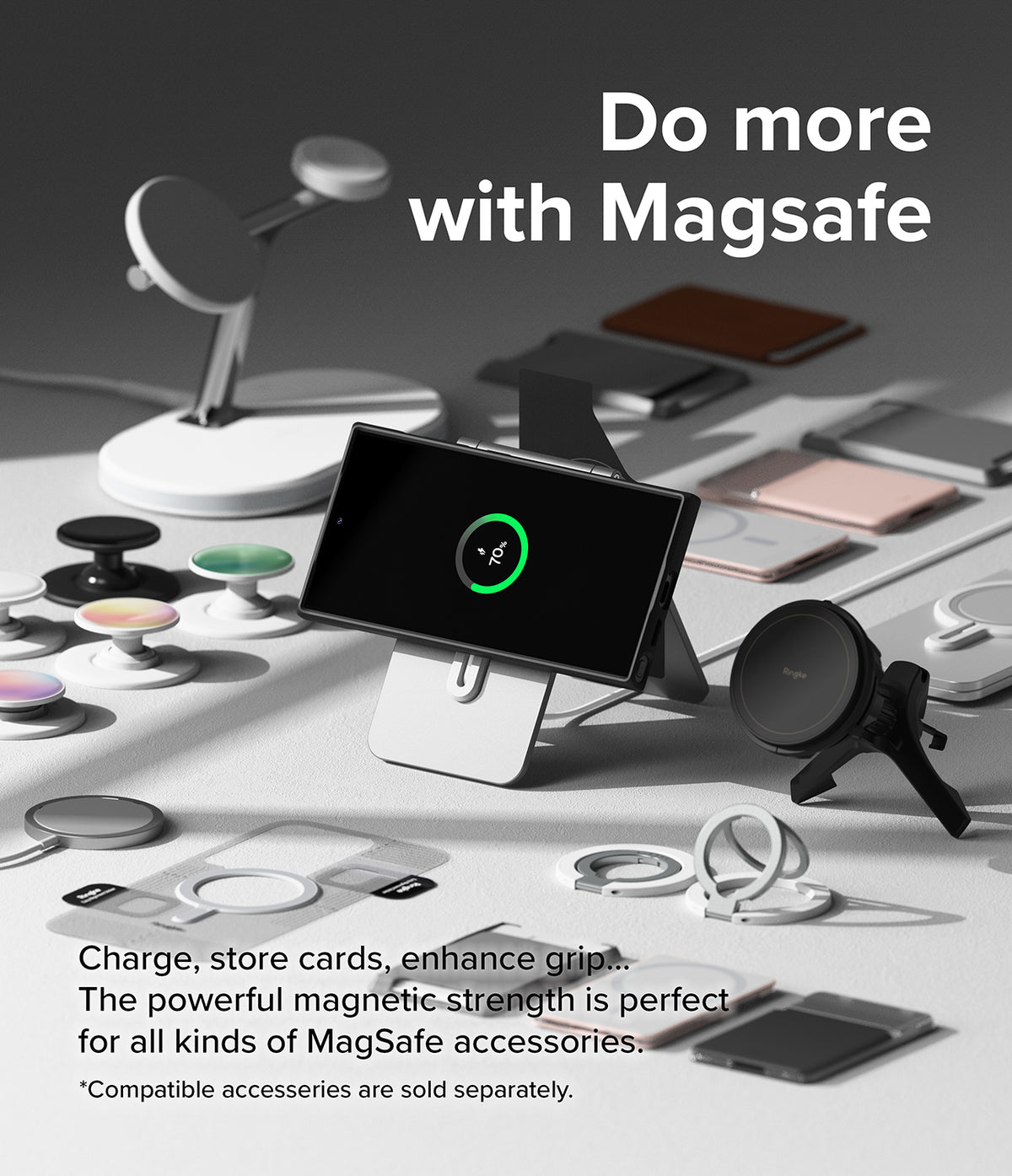 Galaxy S24 Ultra Case | Fusion Bold Magnetic Matte - Smartphone on a magnetic stand surrounded by MagSafe accessories.