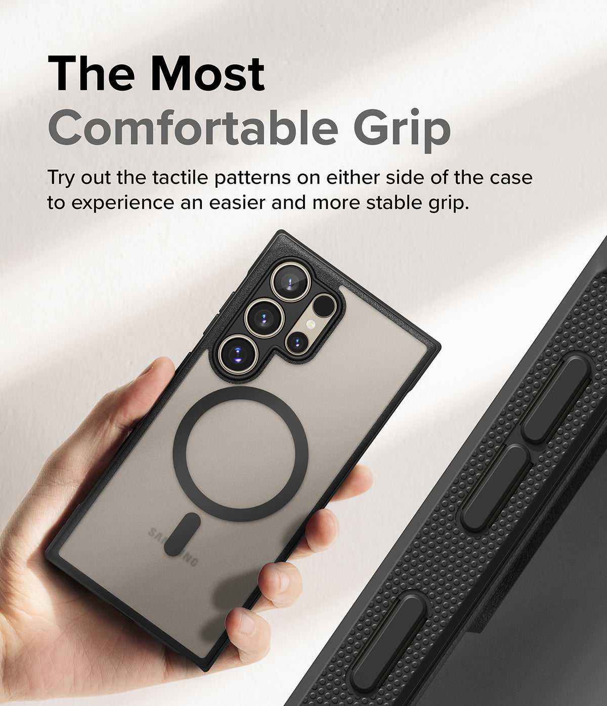 Galaxy S24 Ultra Case | Fusion Bold Magnetic Matte - Hand holding a matte phone case with a magnetic ring and textured side grips.