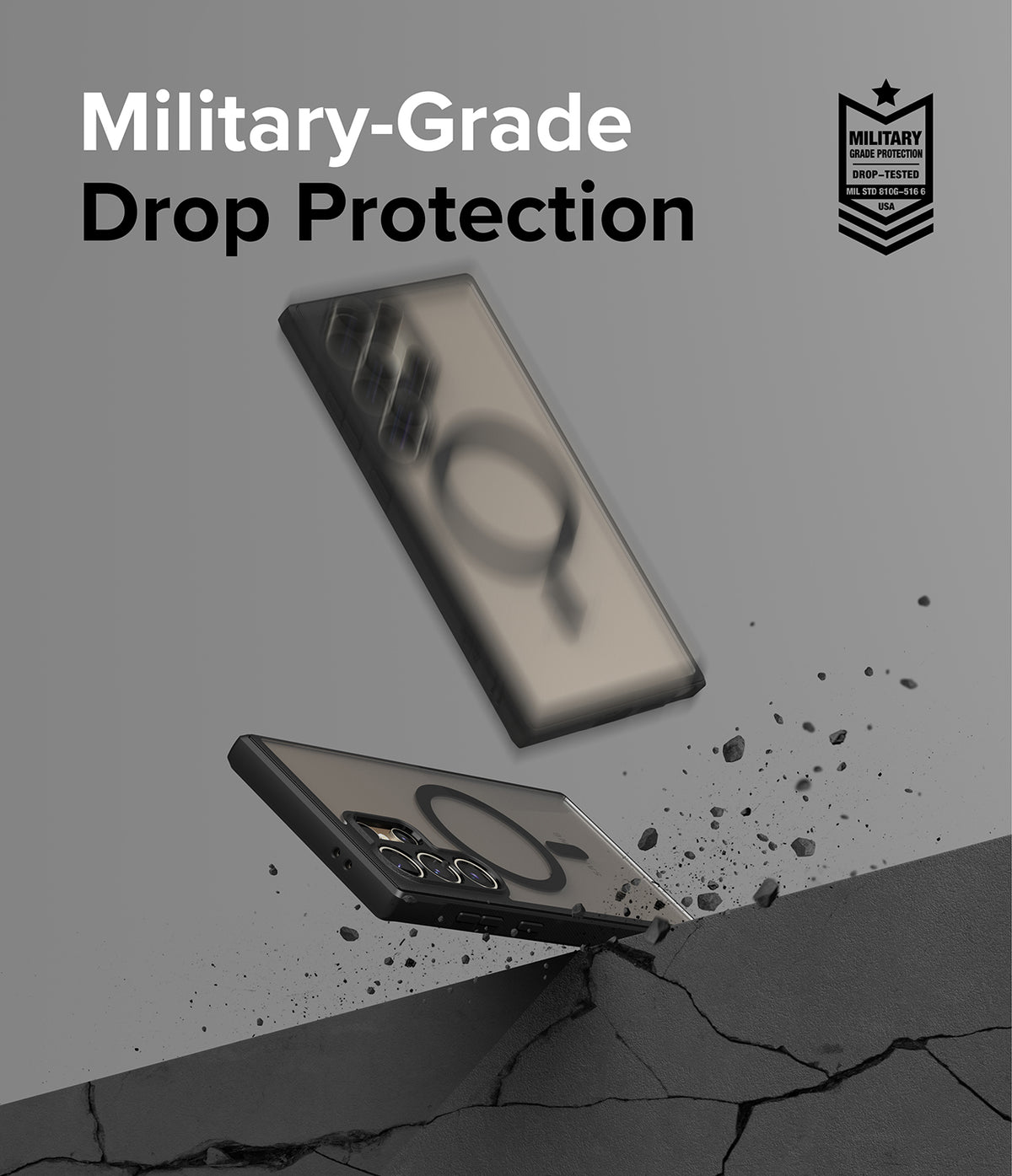Galaxy S24 Ultra Case | Fusion Bold Magnetic Matte - Matte black phone case with magnetic ring hitting a concrete surface.