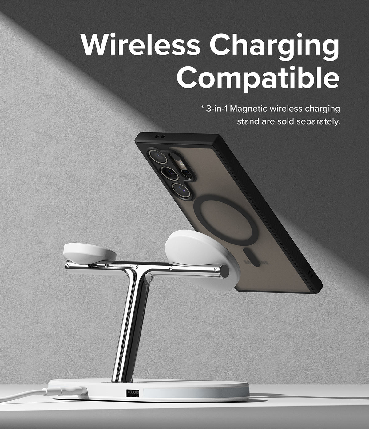 Galaxy S24 Ultra Case | Fusion Bold Magnetic Matte - Phone in a magnetic case mounted on a wireless charging stand.